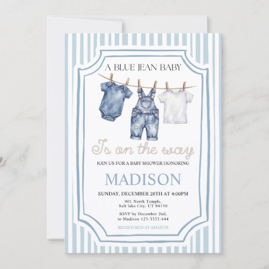 Blue Jean Denim Baby Shower Boy Invitation 招待状 (正面)