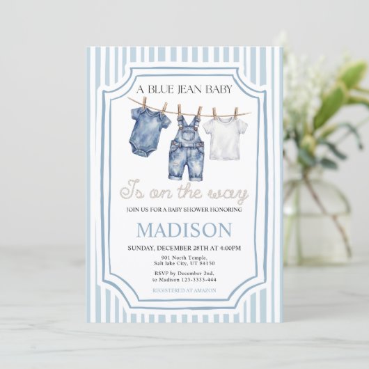 Blue Jean Denim Baby Shower Boy Invitation 招待状 (スタンド正面)