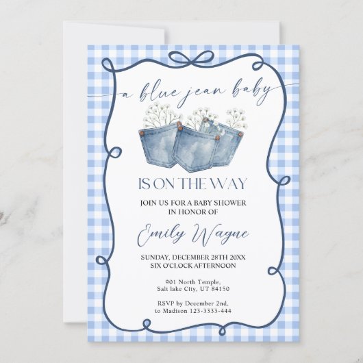 Blue Jean Denim Baby Shower Invitation 招待状 (正面)