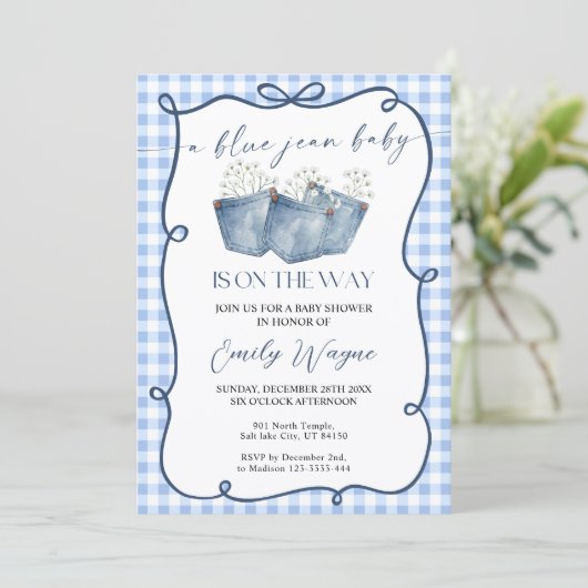 Blue Jean Denim Baby Shower Invitation 招待状 (スタンド正面)