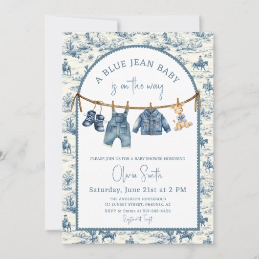 Blue Jean Denim Boy Baby Shower 招待状 (正面)