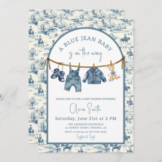 Blue Jean Denim Boy Baby Shower 招待状 (正面/裏面)
