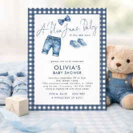 Blue Jean Denim Boy Gingham Baby Shower 招待状