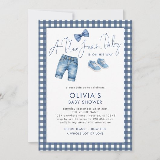 Blue Jean Denim Boy Gingham Baby Shower 招待状 (正面)