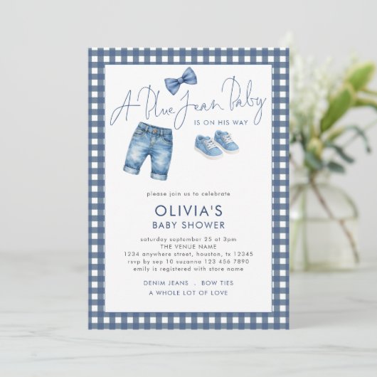 Blue Jean Denim Boy Gingham Baby Shower 招待状 (スタンド正面)