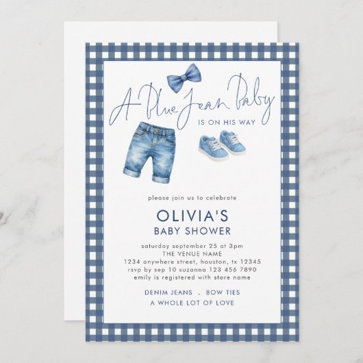Blue Jean Denim Boy Gingham Baby Shower 招待状 (正面/裏面)