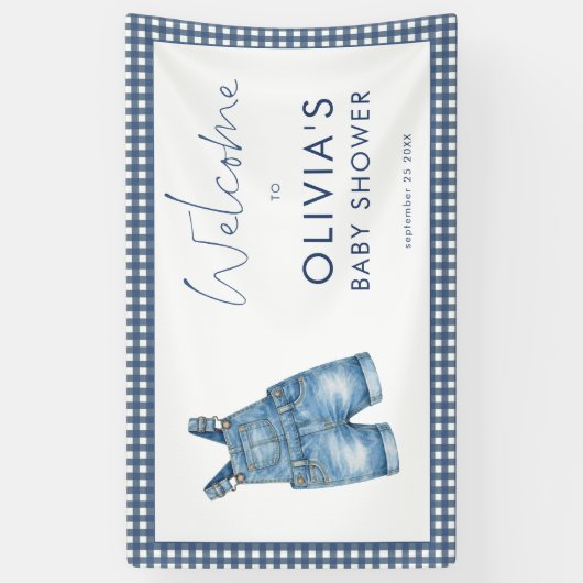 Blue Jean Denim Gingham Boy Welcome Baby Shower  横断幕 (縦)