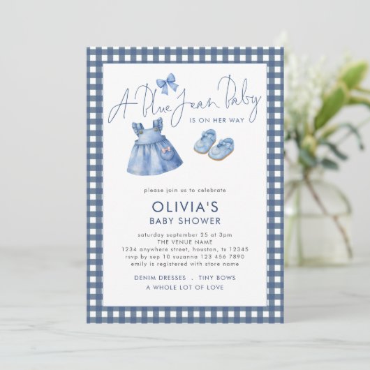 Blue Jean Denim Girl Gingham Baby Shower  招待状 (スタンド正面)