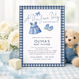 Blue Jean Denim Girl Gingham Baby Shower 招待状