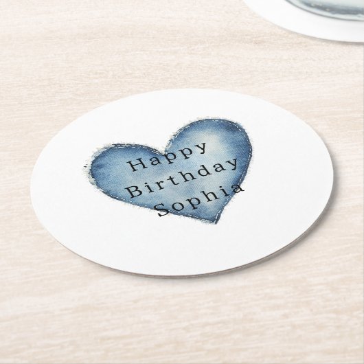 Blue Jean Denim Heart Birthday ラウンドペーパーコースター (アングル)