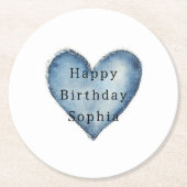 Blue Jean Denim Heart Birthday ラウンドペーパーコースター (正面)