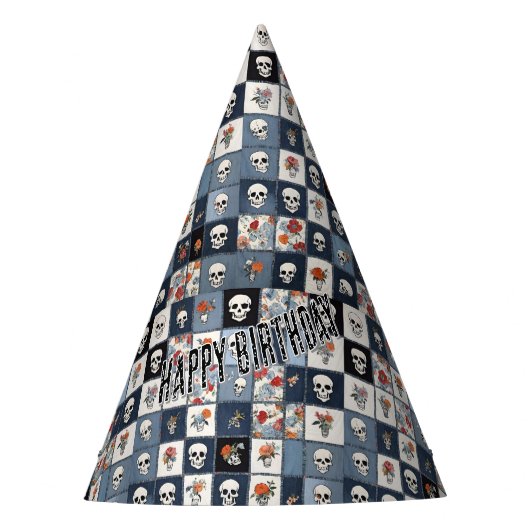 Blue Jean Denim Patchwork Skulls And Florals パーティーハット (正面)