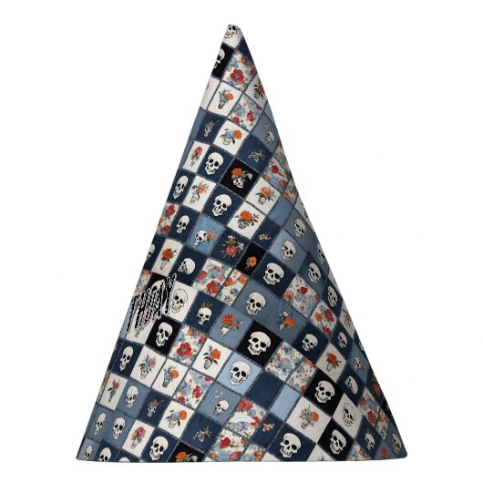 Blue Jean Denim Patchwork Skulls And Florals パーティーハット (右)