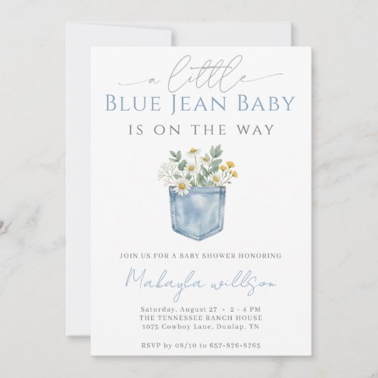Blue Jean Denim Rustic Boy Baby Shower 招待状 (正面)