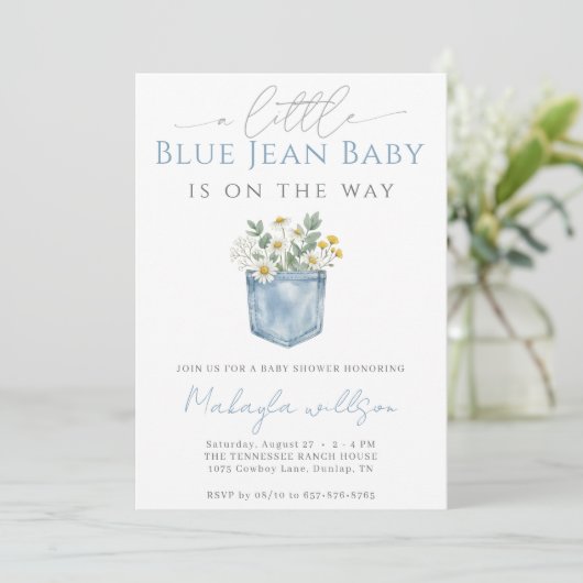 Blue Jean Denim Rustic Boy Baby Shower 招待状 (スタンド正面)