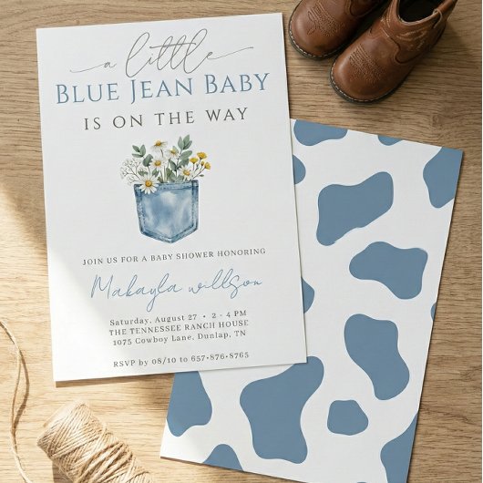 Blue Jean Denim Rustic Boy Baby Shower 招待状