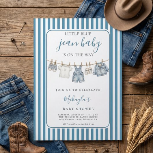Blue Jean Denim Rustic Boy Baby Shower Invitation 招待状