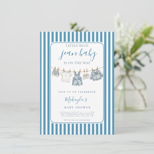 Blue Jean Denim Rustic Boy Baby Shower Invitation 招待状 (スタンド正面)