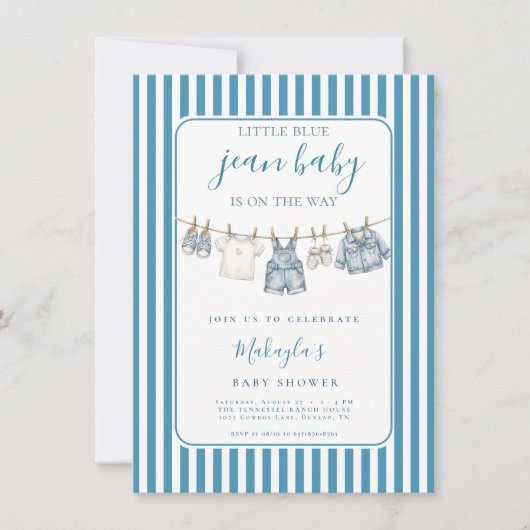 Blue Jean Denim Rustic Boy Baby Shower Invitation 招待状 (正面)