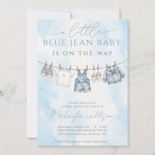 Blue Jean Denim Rustic Western Baby Shower 招待状 (正面)