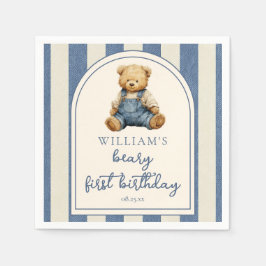 Blue Jean Denim Teddy Bear 1st Birthday スタンダードカクテルナプキン