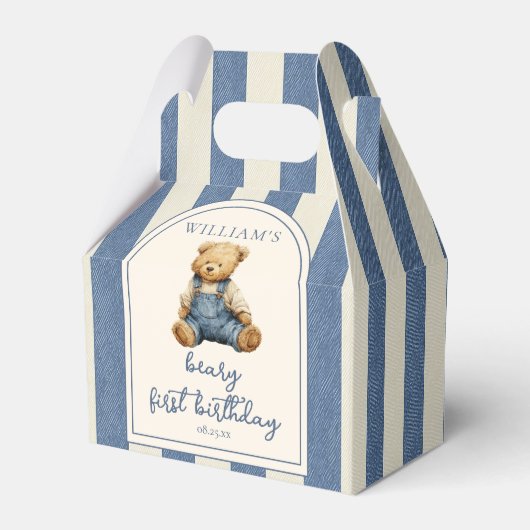 Blue Jean Denim Teddy Bear 1st Birthday フェイバーボックス (正面サイド)