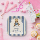 Blue Jean Denim Teddy Bear 1st Birthday ペーパープレート (パーティー)