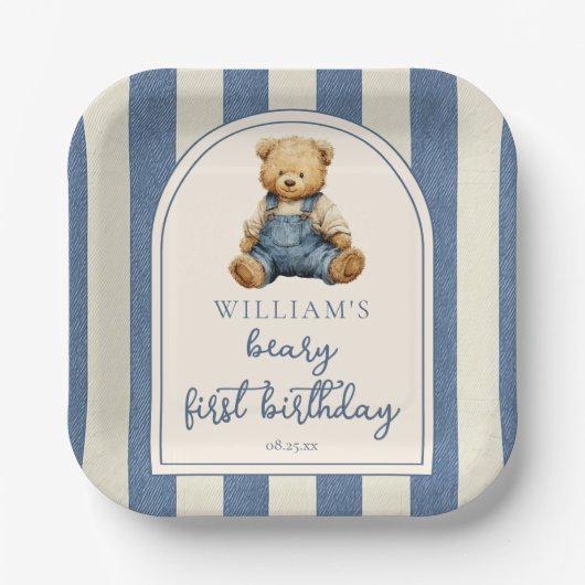Blue Jean Denim Teddy Bear 1st Birthday ペーパープレート (正面)