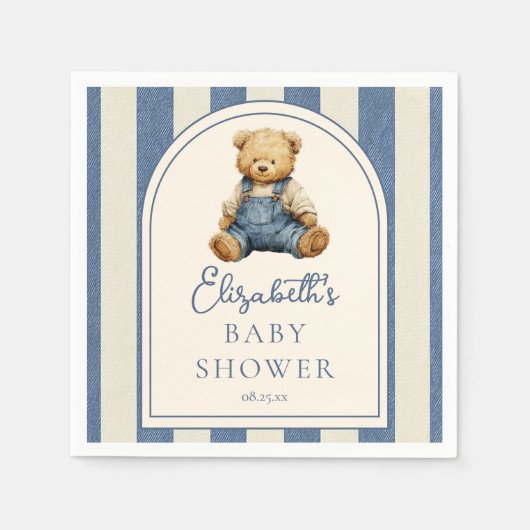 Blue Jean Denim Teddy Bear Baby Shower スタンダードカクテルナプキン (正面)