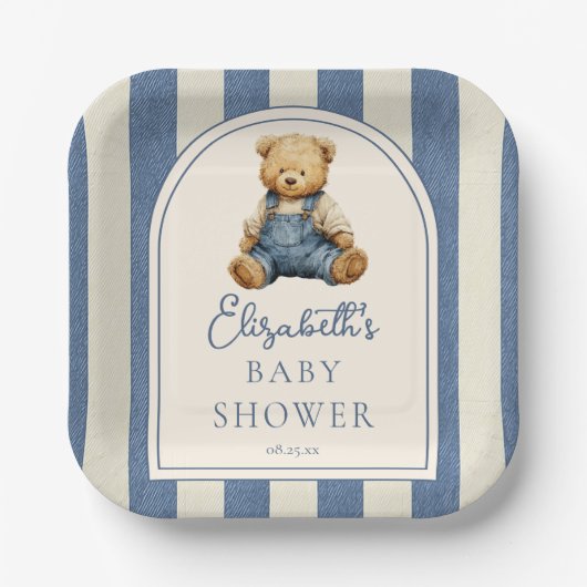 Blue Jean Denim Teddy Bear Baby Shower ペーパープレート (正面)