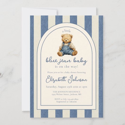 Blue Jean Denim Teddy Bear Baby Shower 招待状 (正面)