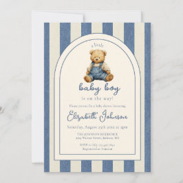 Blue Jean Denim Teddy Bear Boy Baby Shower 招待状