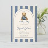 Blue Jean Denim Teddy Bear Boy Baby Shower 招待状 (スタンド正面)