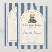 Blue Jean Denim Teddy Bear QR Code Baby Shower 招待状 (正面/裏面)