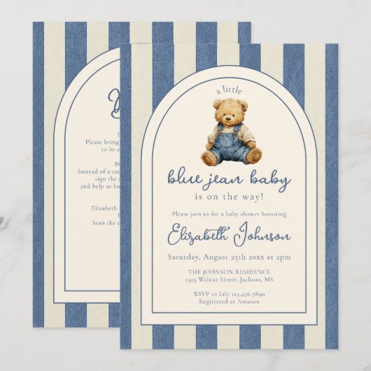 Blue Jean Denim Teddy Bear QR Code Baby Shower 招待状 (正面/裏面)