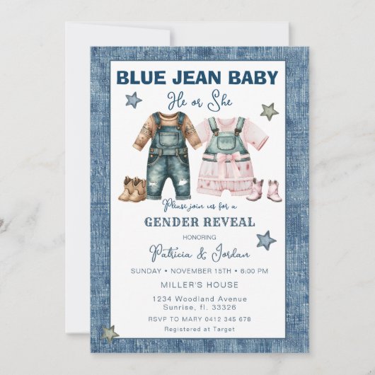 Blue Jean Gender Reveal, He or She  招待状 (正面)