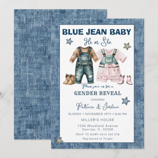 Blue Jean Gender Reveal, He or She  招待状 (正面/裏面)