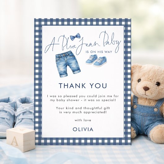 Blue Jean Gingham Thank You Boy Baby Shower  カード