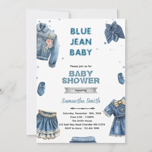 Blue jean girl baby shower invitation 招待状 (正面)