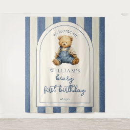 Blue Jean Teddy Bear 1st Birthday Photo Backdrop タペストリー