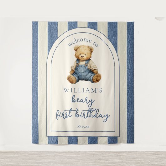 Blue Jean Teddy Bear 1st Birthday Photo Backdrop タペストリー (正面)