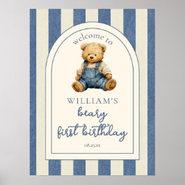 Blue Jean Teddy Bear 1st Birthday Welcome Sign ポスター