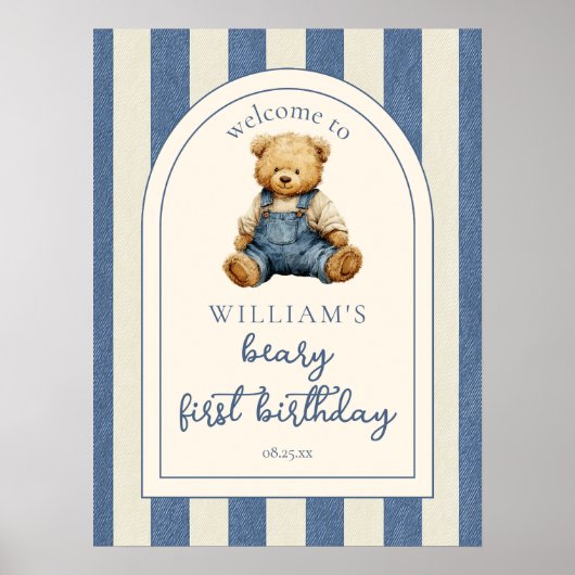 Blue Jean Teddy Bear 1st Birthday Welcome Sign ポスター (正面)