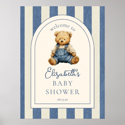Blue Jean Teddy Bear Baby Shower Welcome Sign ポスター (正面)