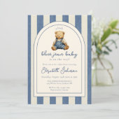 Blue Jean Teddy Bear Photo QR Code Baby Shower 招待状 (スタンド正面)
