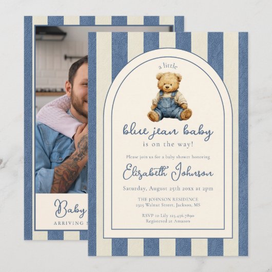 Blue Jean Teddy Bear Photo QR Code Baby Shower 招待状 (正面/裏面)