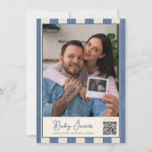 Blue Jean Teddy Bear Photo QR Code Boy Baby Shower 招待状 (裏面)