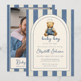 Blue Jean Teddy Bear Photo QR Code Boy Baby Shower 招待状
