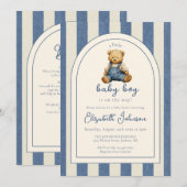 Blue Jean Teddy Bear QR Code Boy Baby Shower 招待状 (正面/裏面)