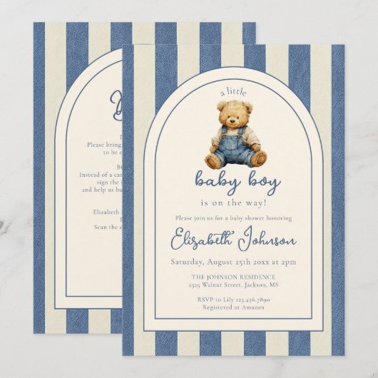 Blue Jean Teddy Bear QR Code Boy Baby Shower 招待状 (正面/裏面)